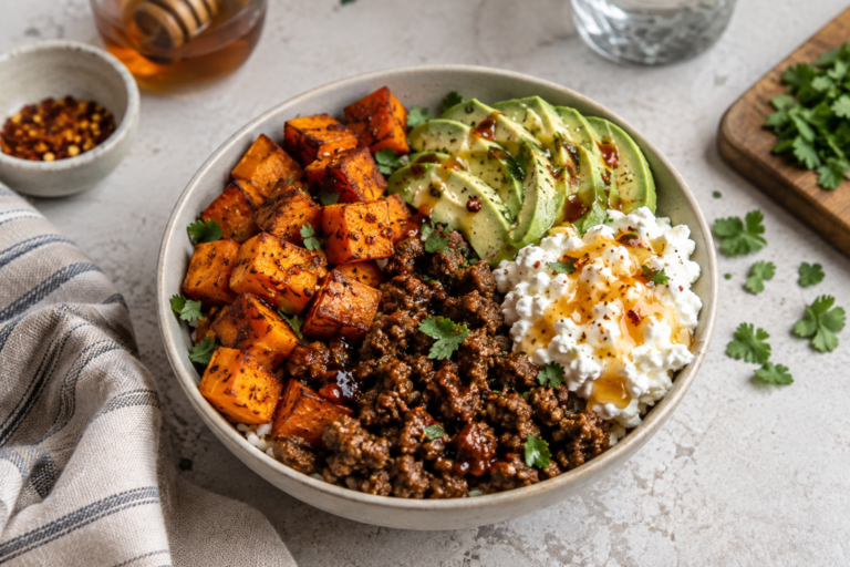 Hot Honey Ground Beef Bowl with sweet potatoes, avocado and cottage cheese