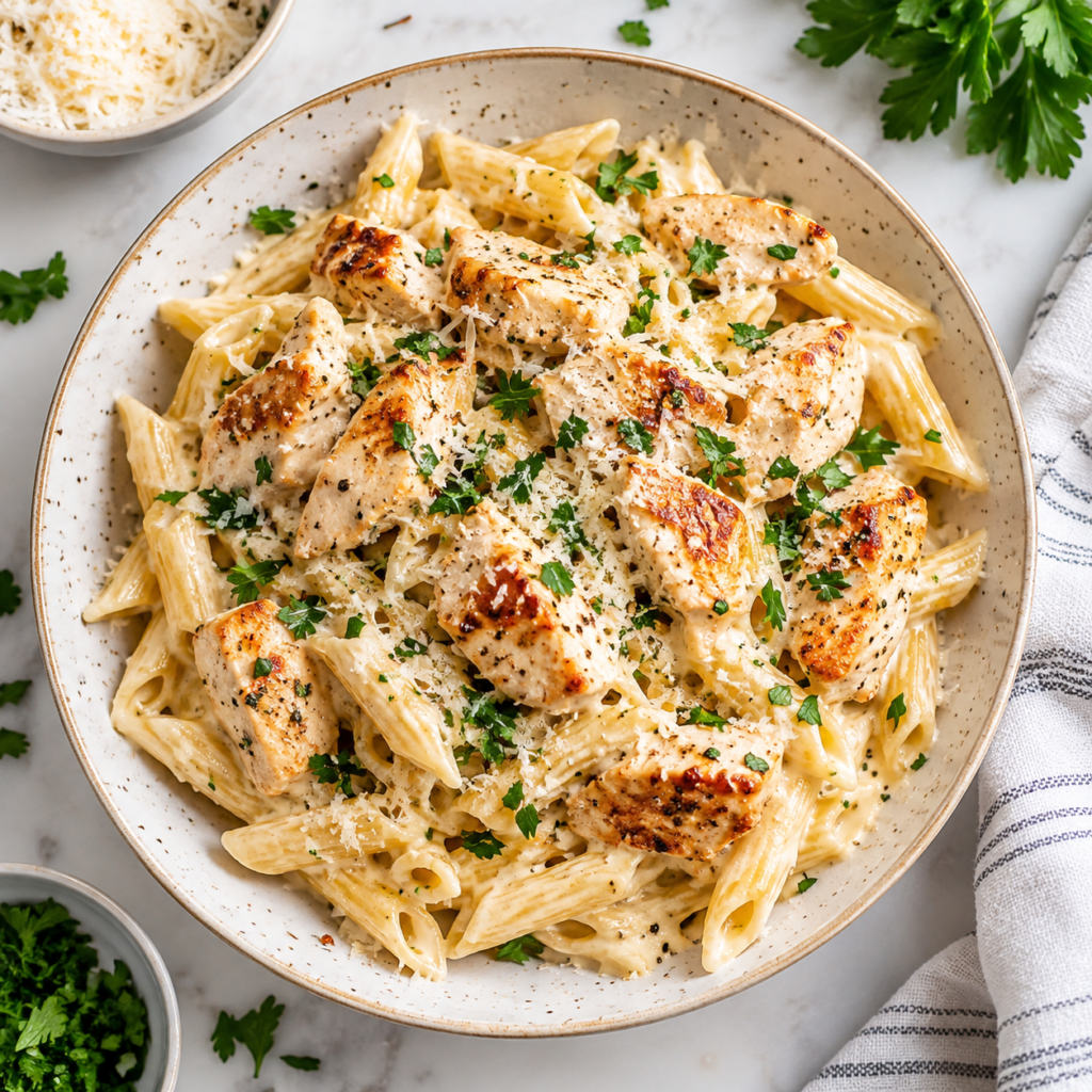 Creamy garlic Parmesan chicken pasta with tender chicken, fresh parsley and grated Parmesan