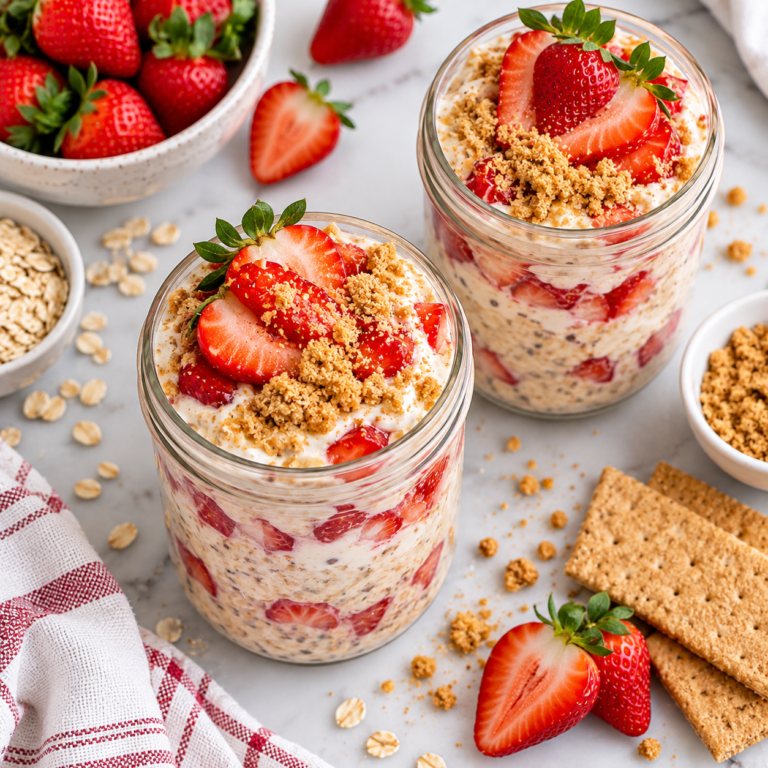 Strawberry Cheesecake Overnight Oats – Easy Healthy Recipe Strawberry cheesecake overnight oats topped with fresh strawberries and graham cracker crumbs