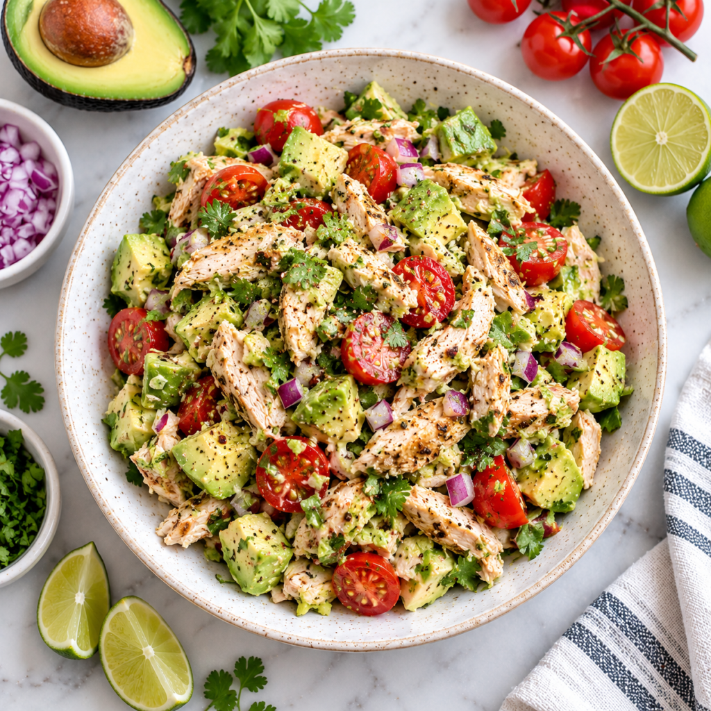Avocado chicken salad with tender chicken, cherry tomatoes, red onion, cilantro and fresh lime