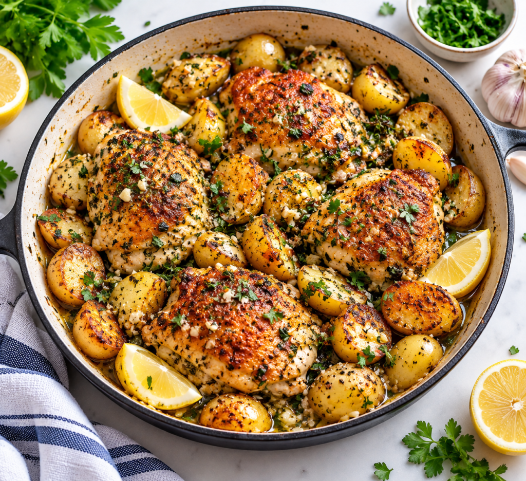 Garlic butter chicken and potatoes with fresh parsley and lemon