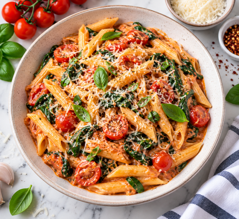 Creamy tomato spinach pasta with cherry tomatoes, fresh spinach and grated Parmesan