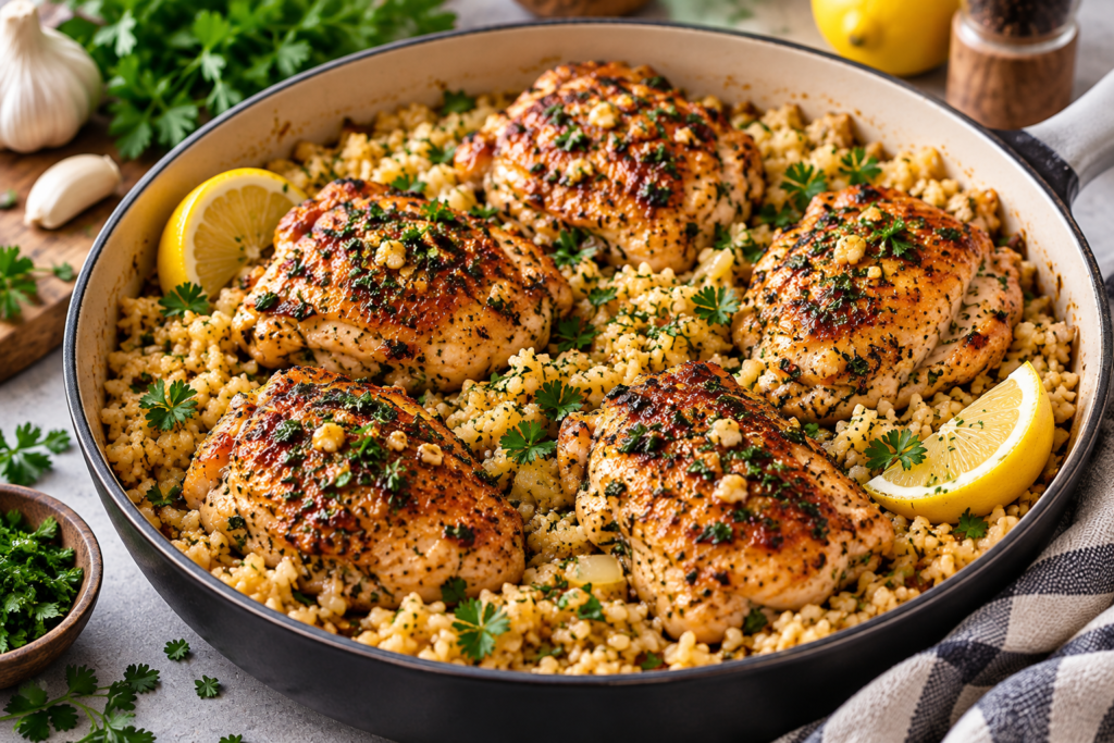 Garlic butter chicken and rice with fresh parsley and lemon