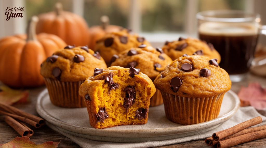 Homemade pumpkin chocolate chip muffins with soft moist centers and melted chocolate chips